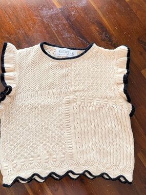 Katwalk Cream Knit Ruffle Sleeve Top with Black Trim